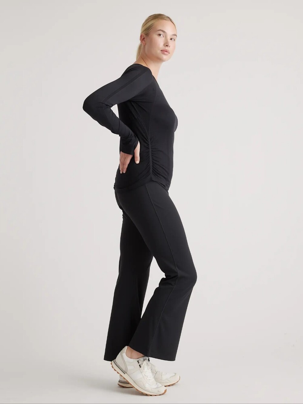 Quince Seamless Ruched Long Sleeve Top black athletic athleisure women's large - Picture 2 of 7